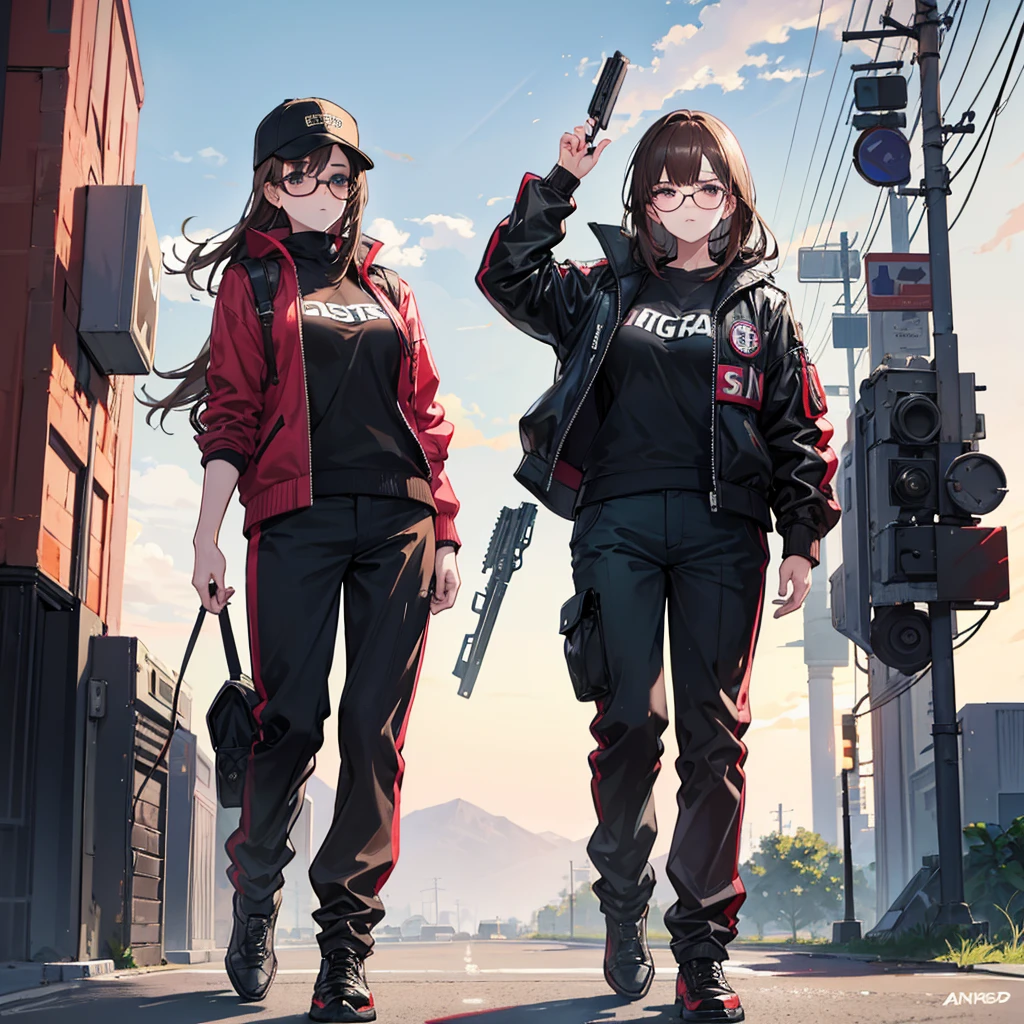 create a banner image of three characters in a wide shot of an armed soldier, a 2 young woman with brown hair wearing dark glasses with a lollipop in her mouth and a gtav type gangster.Don't forget that there are three characters with HD resolution.