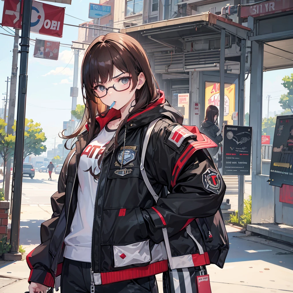 create a banner image of three characters in a wide shot of an armed soldier, a 2 young woman with brown hair wearing dark glasses with a lollipop in her mouth and a gtav type gangster.Don't forget that there are three characters with HD resolution.