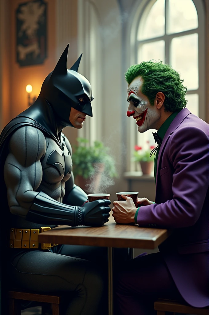 Batman with the Joker drinking coffee 