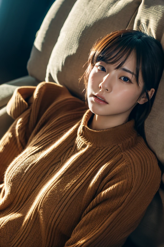 japanese,idol, lying on a sofa, mouth open, office lady, sighing, teasing, surrealism, highly detailed, cinematic lighting, shot from above, ultra high resolution, masterpiece, fair skin, 4k, best quality