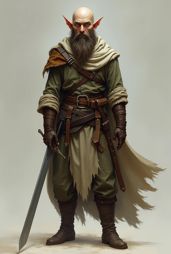 Generate a man, de 1,59m, with a robust beard, baldie, green-eyed, with a long sword, leather armor that is an elf.
A thin man, not muscular. He has fair skin