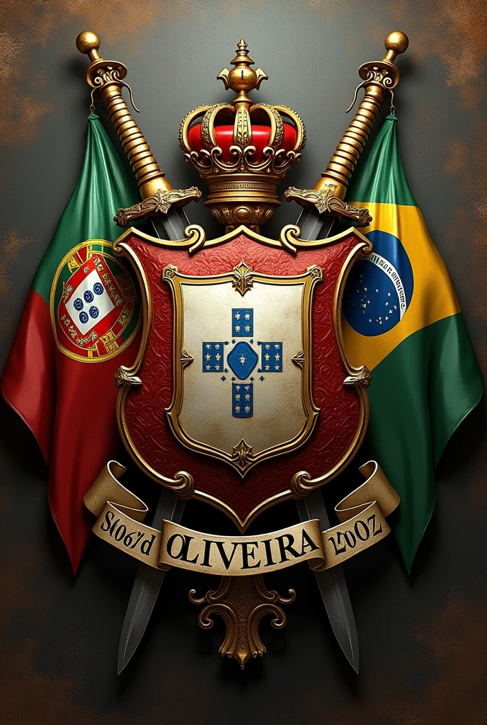 Create a shield coat of arms of the Oliveira family, heraldic style, Crossed Swords, flags Portugal and Brazil, metallic 3d, vintage, oil painting, banner written with the words Oliveira Family