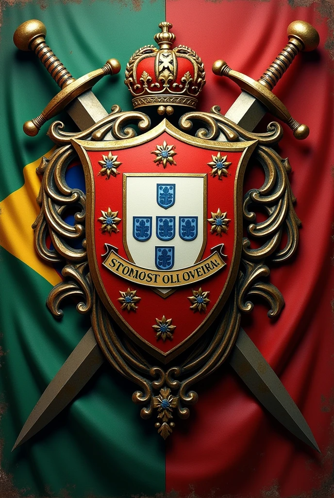 Create a shield coat of arms of the Oliveira family, heraldic style, Crossed Swords, flags Portugal and Brazil, metallic 3d, vintage, oil painting, banner written with the words Oliveira Family