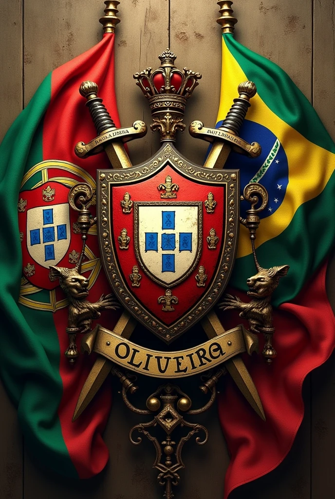 Create a shield coat of arms of the Oliveira family, heraldic style, Crossed Swords, flags Portugal and Brazil, metallic 3d, vintage, oil painting, banner written with the words Oliveira Family
