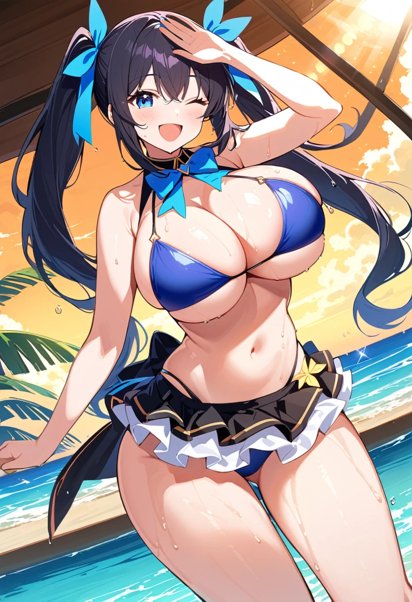 Chomiku Plus Style, blue eyes, smile, blue null, Wet, Ocean, Twin tails, Black Hair, leaf, One girl, Outdoor, blue ribbon, Open your mouth, Close one eye, Beach, Skin Dentition, ribbon, Day, Huge breasts, Long Hair, Swimwear, bikini, hair ribbon, null, idol costume, on stage,