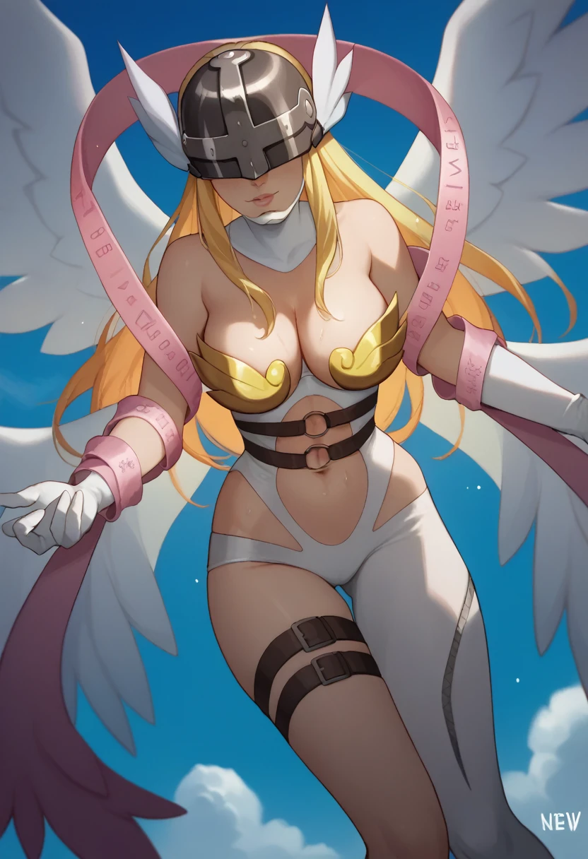 score_9,score_8_up,score_7_up,absurdres, midriff, day, white_gloves, 1girl, uneven_gloves, feathered_wings, angewomon, winged_helmet, sky, flying, digimon_\(creature\), solo, angel_wings, highres, thigh_strap, cleavage,((nsfw)), open legs, wet pussy,