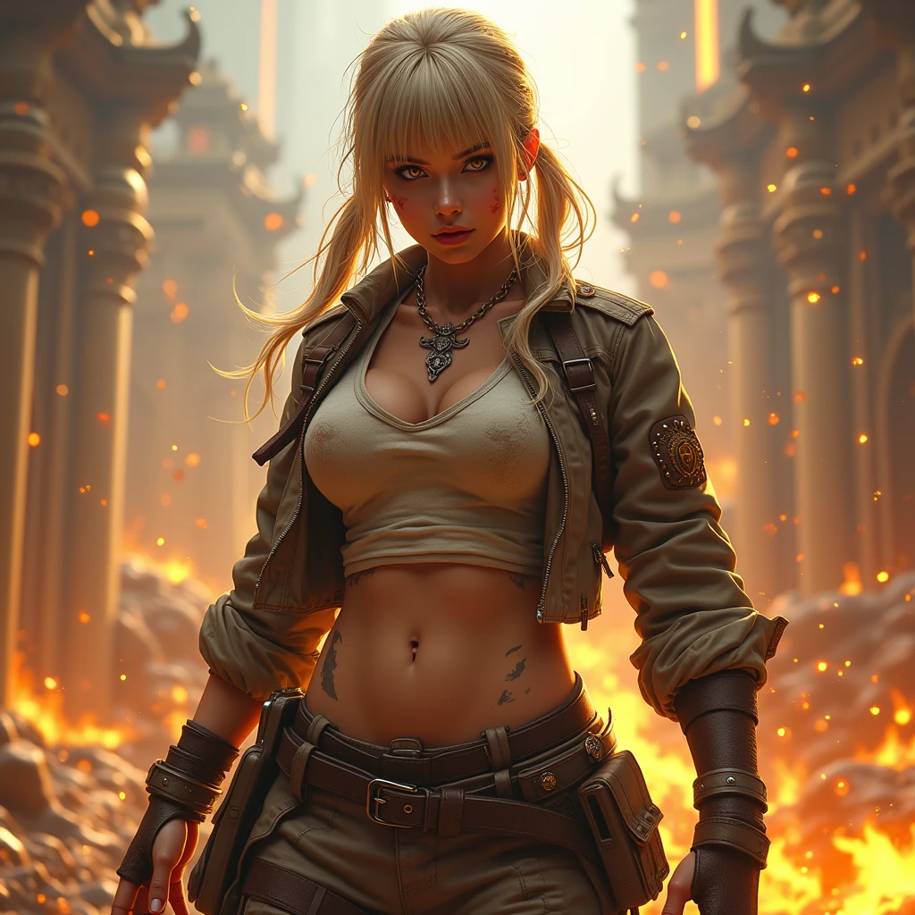 female warrior in battle stance, realistic skin and hair textures, dynamic and exaggerated background, vibrant color palette, realistic lighting and shadows, complex outfit with intricate details, glowing particles and sparks, immersive and dramatic scene beige hair, yellow eyes, low twintails, dirty undershirt, collared open jacket, belt, cargo pants, large breasts, long bangs, covered eyes, amulet, arm tattoo, shoulder holster, sweat, shiny skin. (maximum ultra high definition image quality and rendering:3), maximum image detail, maximum realistic render, (((ultra realist style))), realist side lighting, , 8K high definition, realist soft lighting, (amazing special effect:3.5) mythp0rt