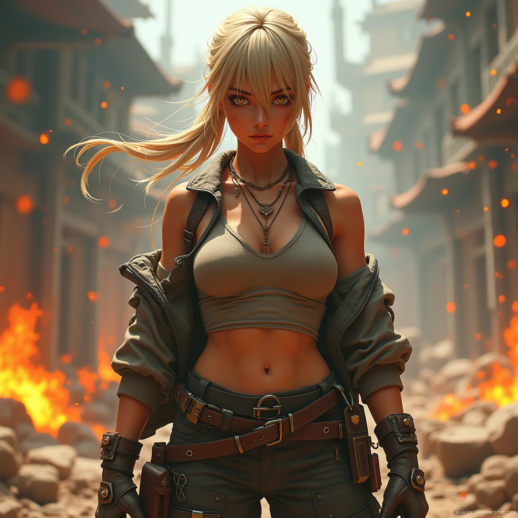 female warrior in battle stance, realistic skin and hair textures, dynamic and exaggerated background, vibrant color palette, realistic lighting and shadows, complex outfit with intricate details, glowing particles and sparks, immersive and dramatic scene beige hair, yellow eyes, low twintails, dirty undershirt, collared open jacket, belt, cargo pants, large breasts, long bangs, covered eyes, amulet, arm tattoo, shoulder holster, sweat, shiny skin. (maximum ultra high definition image quality and rendering:3), maximum image detail, maximum realistic render, (((ultra realist style))), realist side lighting, , 8K high definition, realist soft lighting, (amazing special effect:3.5)  mythp0rt