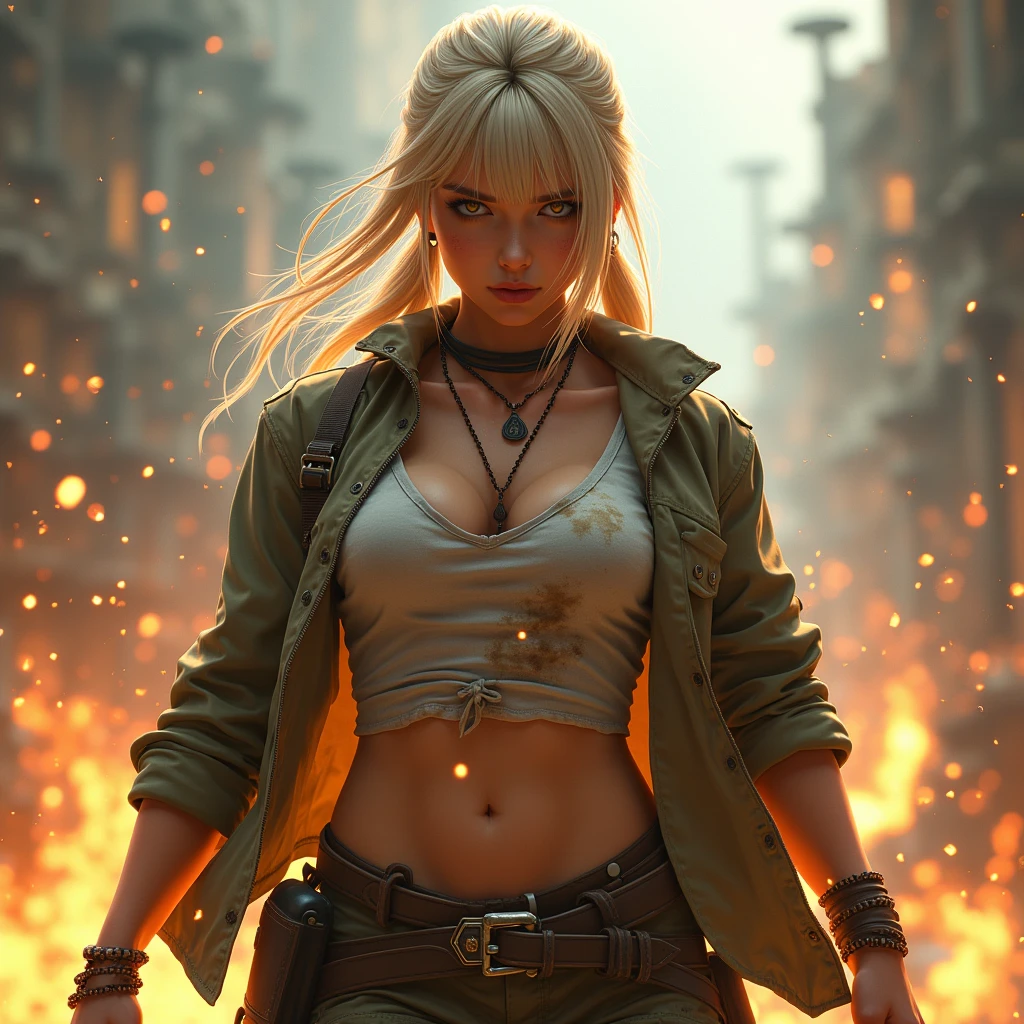 female warrior in battle stance, realistic skin and hair textures, dynamic and exaggerated background, vibrant color palette, realistic lighting and shadows, complex outfit with intricate details, glowing particles and sparks, immersive and dramatic scene beige hair, yellow eyes, low twintails, dirty undershirt, collared open jacket, belt, cargo pants, large breasts, long bangs, covered eyes, amulet, arm tattoo, shoulder holster, sweat, shiny skin. (maximum ultra high definition image quality and rendering:3), maximum image detail, maximum realistic render, (((ultra realist style))), realist side lighting, , 8K high definition, realist soft lighting, (amazing special effect:3.5)  mythp0rt