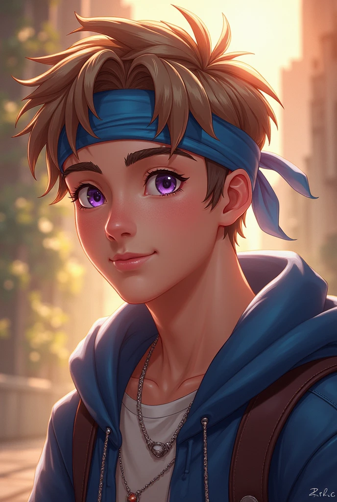 Light brown, medium-parted short hair,Purple eyes,A young man with a blue band on his forehead,Smile