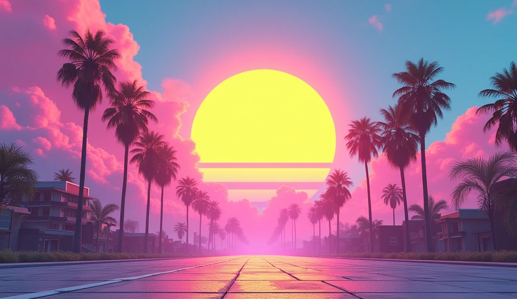 Vice City GTA, pink, blue and yellow sky with a yellow sun, retro sky, grey retro ground,