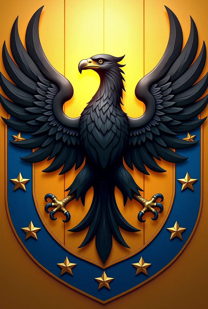 A medieval coat of arms centered by a black eagle with outspread wings on a golden background, representing power and vision. ao redor, there is a sky blue strip with silver stars, symbolizing divine protection and wisdom.