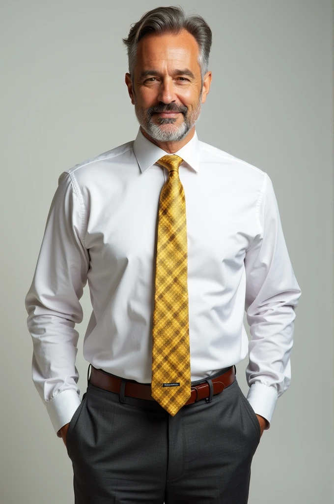Man dressed in white shirt, yellow tie with checks and Sasha pants