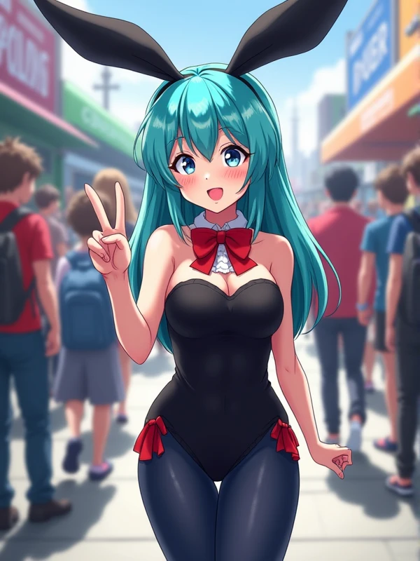 adorable cosplay influencer, teal aqua hair and bangs with black long bunny ears, smile, cosplaying as bulma bunny, black strapless one piece, dark blue nylons, red bow tie, at a comic convention, one hand giving a peace sign