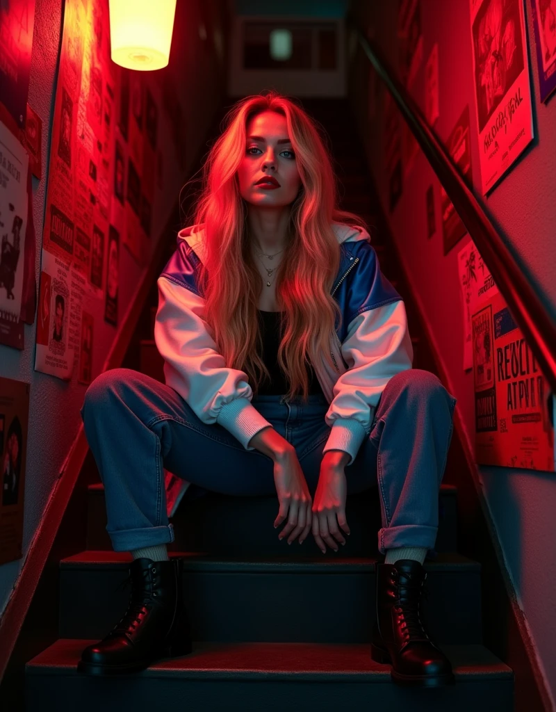 a woman is sitting on a staircase leaning against the left wall of the image in a hallway that appears to be the entrance to a nightclub. At night, the walls are covered in posters and there is a red light illuminating the girl. She has an urban style, wearing a white and blue jacket and jeans., She is blonde with blue eyes and has long wavy hair. She wears makeup around her eyes like eyeliner and eyeliner, and also red lipstick on her lips..