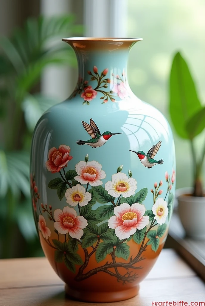 A brown or light blue vase with hummingbird and flower drawings.