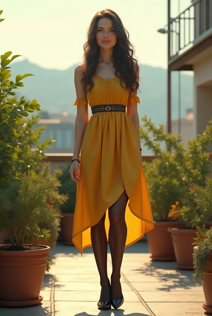 (photorealism:1.2), beautiful woman, walking, wearing yellow vintage dress, garter and black stockings, ballet heels, operators headset, long curly hair, on the roof, soft lighting, plants in background, sunlight, relaxed pose, realistic, intricate details, warm colors,