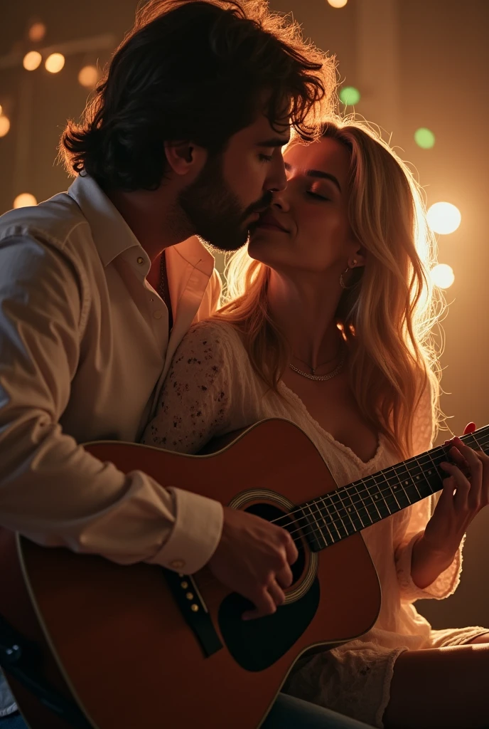 Make a man and a woman playing guitar