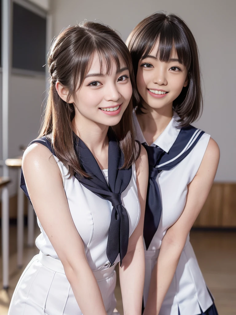 (8k, RAW photo, highest quality, masterpiece: 1.2), ((High detail, high definition, high quality), (High school students, school uniforms) (Photorealistic: 1.3) ((Slim body type, big breasts:1.3)) ((Japanese idol:1.3 ((beautiful bob hair:1.3)) Japanese idol ,nogizaka46,(White Sleeveless school uniform:1.3) super detail, super resolution, (realistic, real photo: 1.37), (photorealistic: 1.6), portrait, high resolution RAW color photo, professional photo, very detailed and beautiful, touching hair (showing teeth and smiling), beautiful full moon (posing to show sides) Schoolyard at night with beautiful full moon, night sky is beautiful, Cute pose, super high quality, 8k wallpaper, amazing cute smile, transcendent cute face, amazing details, red scarf, very detailed beautiful girls, different pattern face, having a conversation in school classroom, light shining hair, one is a ponytail, modern cute schoolgirl, very detailed face very detailed eyes, very realistic skin, very detailed fingers, very detailed nose, very detailed mouth, perfect anatomy, highly detailed sailor suit, very detailed background, after school, smiling school girls gather in the hallway of the school. They are in uniform, bathed in moonlit nights, revealing the details of their hair and uniforms. They enjoy chatting in natural poses and seem to have memorable conversations. Smiling faces, fun spreads in the hallway, long straight hair, (dull bangs: 1.2), , schoolgirl youth Celebrity-level cuteness