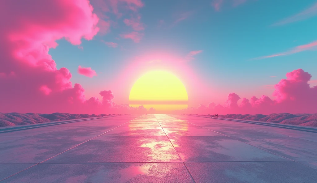 Vice City GTA, pink, blue and yellow sky with a yellow sun, retro sky, grey retro ground, no clouds