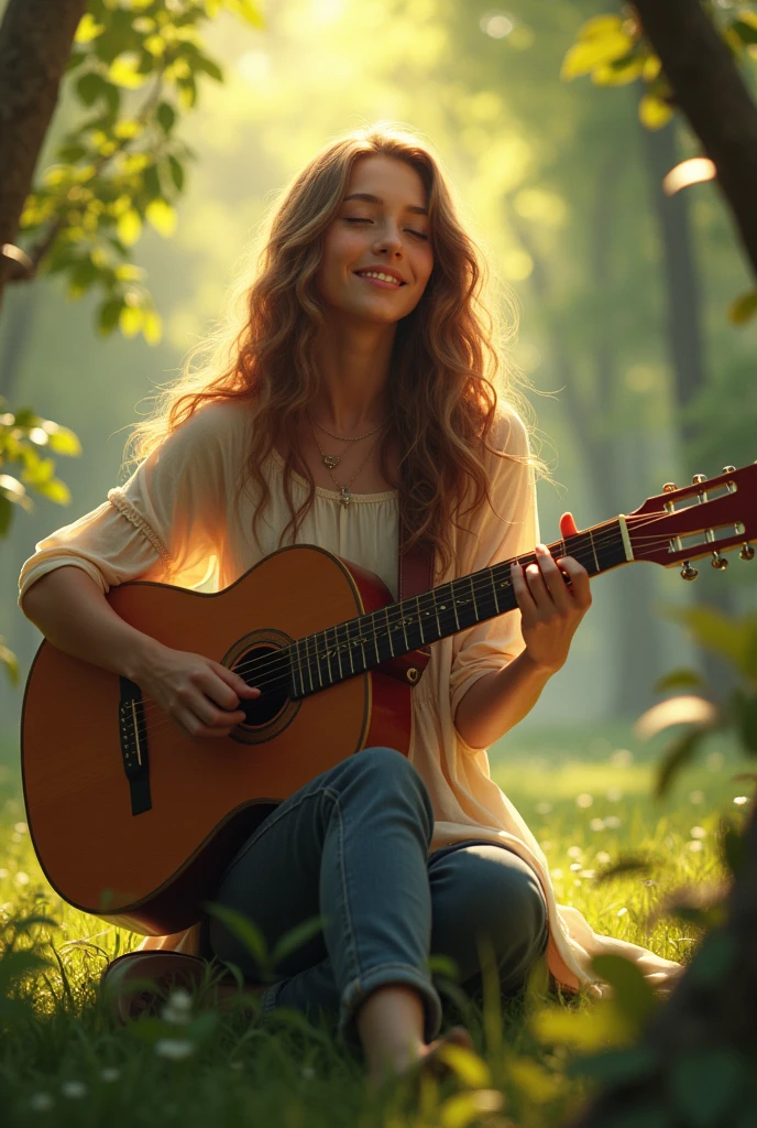 { "size": "1024x1024", "prompt": "A realistic image of a young woman playing and singing a romantic song with a guitar in a forest, with the sun shining through the trees in the background. She has long, wavy hair, wearing casual bohemian style clothing. The setting is lush and green, with sunlight filtering through the leaves, casting a warm, golden glow. The scene is peaceful and natural, with a strong focus on realism in the details of its expression, in the texture of the guitar and the dappled sunlight on its surroundings."