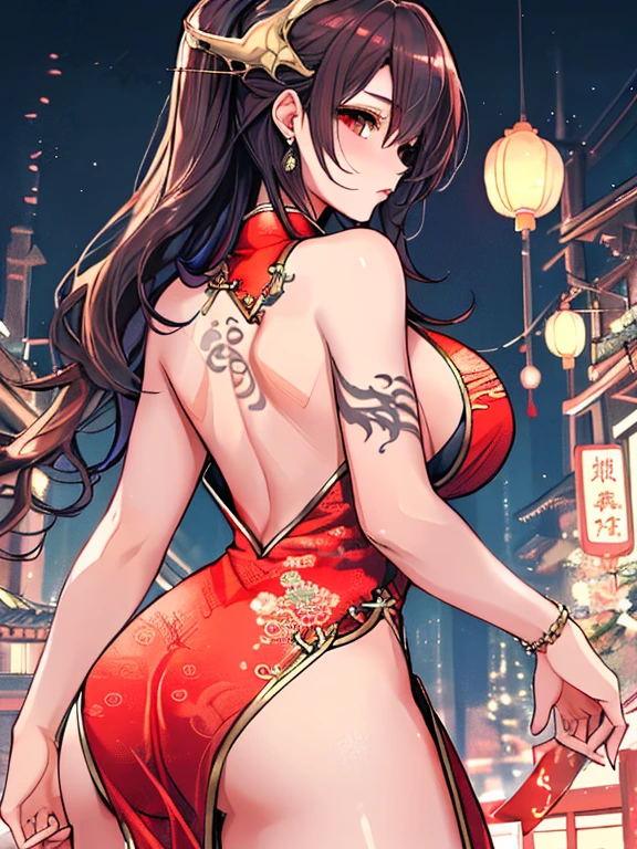 Highest quality,  Ultra-high resolution, Detailing, From behind, Beautiful woman, Big ample breasts, Full back dragon tattoo, (Exposed Chinese clothing, the back is wide open, Large slits on the sides)