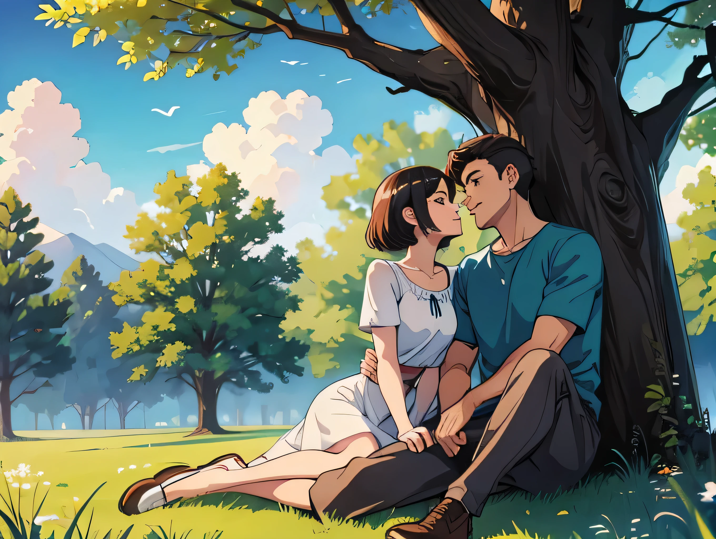 Man and woman, sitting beside a tree, in grass, friendly conversation, joy