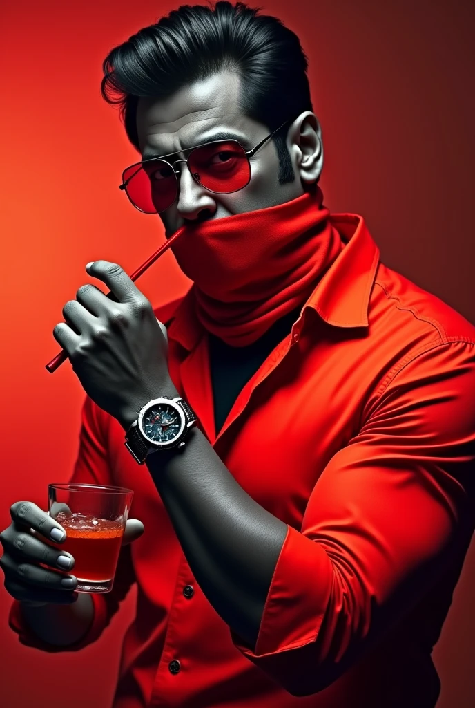 Salman khan face black colour and dress red shirt red paint red shoes red watch red balit and red Glass with red drink