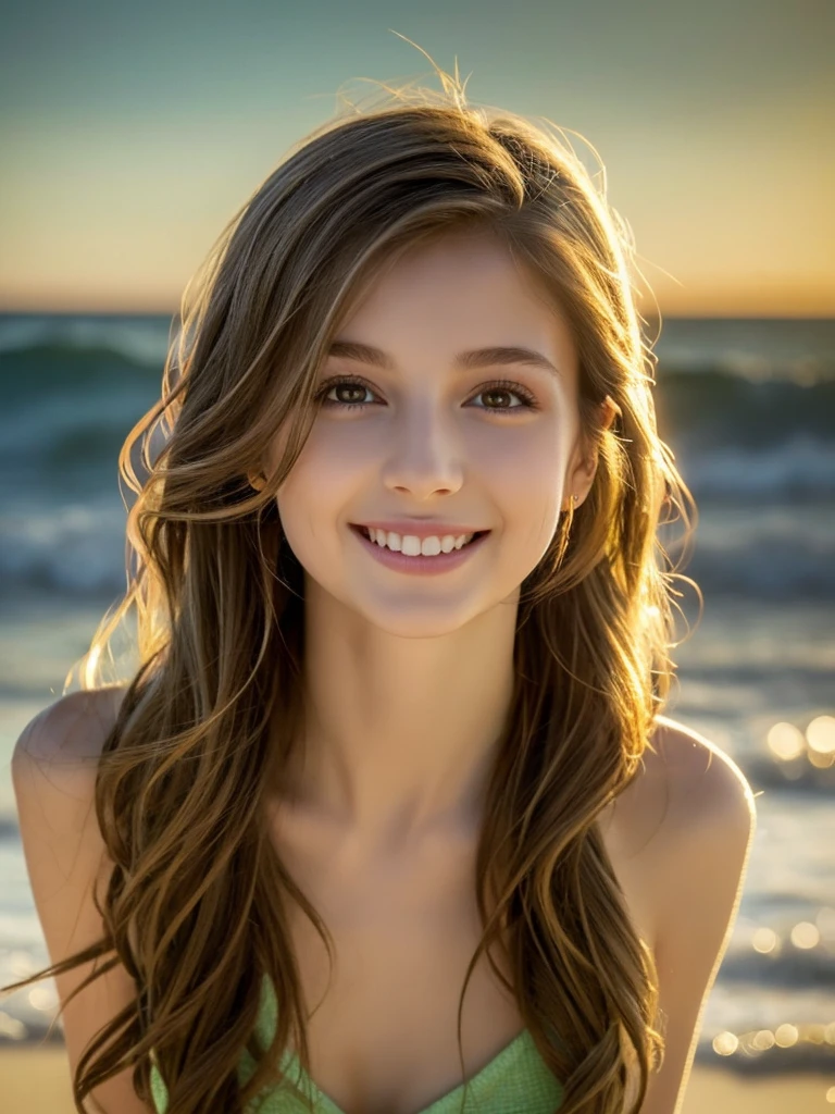 Soft movie-like lighting illuminates a beautiful space。, incredibly detailed, beach look, totally naked body, Light brown hair ultra short messy, light green eyes, enchanting perfect smile, sensual, very beautiful, Who's trending on ArtStation?. Octane is、It's the perfect tool to capture the smoothest details of this 16K photography masterpiece