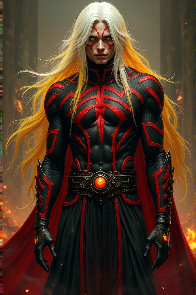 Generate a male character with long white and yellow hair who is a calm villain and give him an easy-to-remember outfit, like an infernal type and with red lines on his face like an Aztec. 