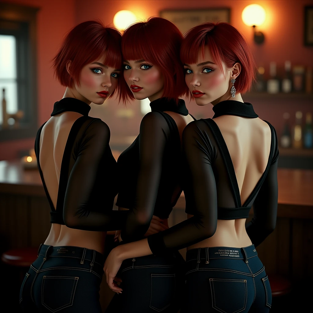 score_9, score_8_up, score_7_up, realistic lighting, photo, photorealistic, grear angle, low-key lighting, ass worship, photo of (pale skin 3 woman with short red Asymmetrical bob hair, looking back at viewer), wearing transparent black shirt, skin-tight jeans, perfect face, full body, glaring blue eyes, pouting seductively, (detailed skin), perfect round ass, busy bar background, from behind, shallow depth of field, vignette, highly detailed, high budget Hollywood film, bokeh, cinemascope, moody, epic, gorgeous, film grain