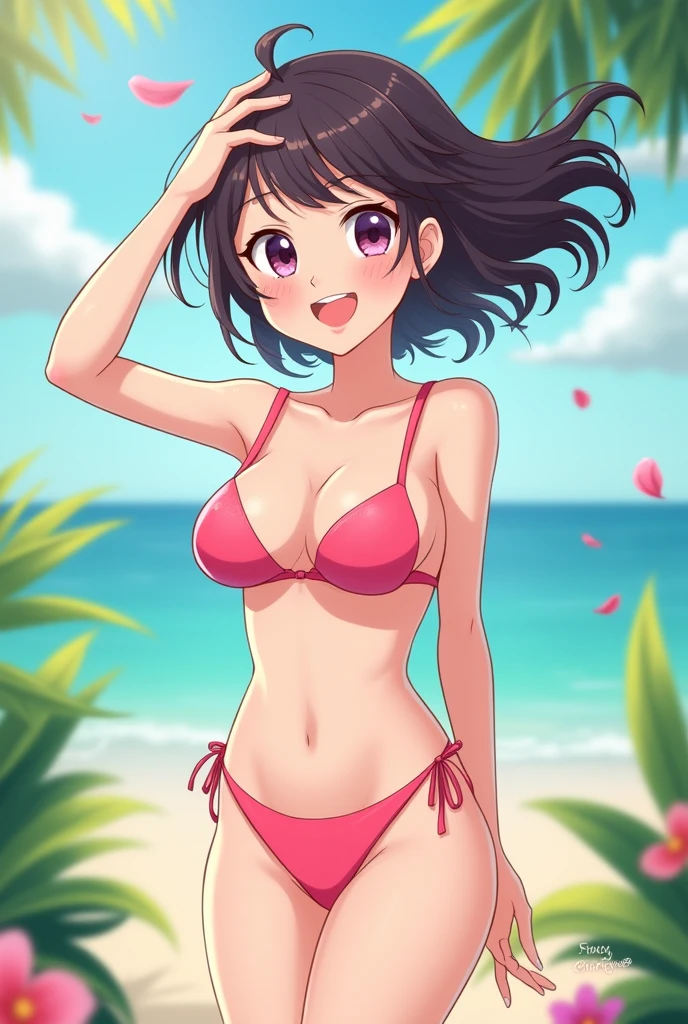 japanese, small bikini, rosa, cute, Whole body, cartoon style.