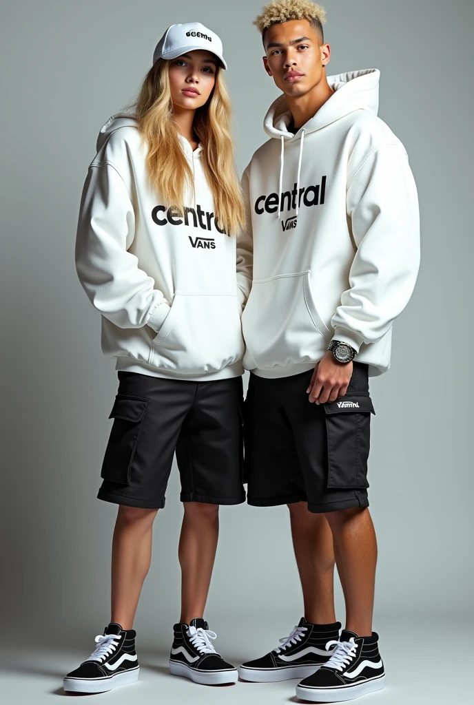 "Generates an image of a 20-year-old blonde girl, full body view, with a sexy and stylish appearance, next to a short-haired blond boy, with a rapper style, who is a rap superstar. They both wear white caps with the word **'CENTRAL'** featured, white parkas with the same word **'CENTRAL'** prominently printed, fitted black shorts, and black Vans sneakers. The background should simulate the cover of a magazine, highlighting a modern and urban style, co