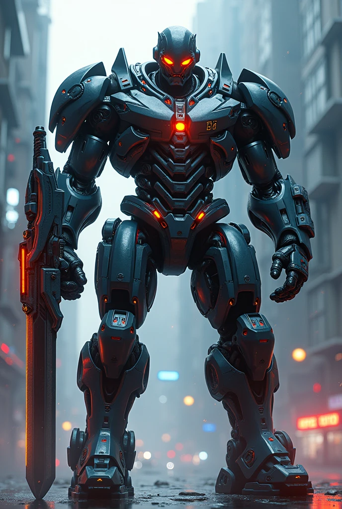 Robocop muscle weapon giant armor vibranium america in city ditroid sword y escudo cyberpunk