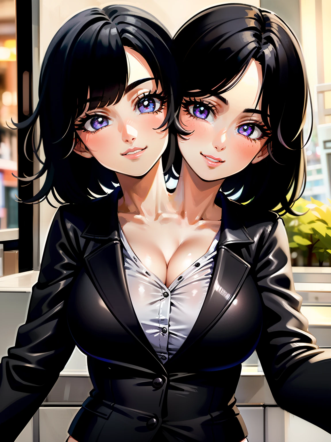 (masterpiece),(ultra-detailed), (high quality), (high resolution), (best quality:1.5, highres, UHD), highres, absurdo, ultra detail, ultra quality, Ultra resolution, 16k, 1girl, (2heads:1.5), girl with two heads, ((black hair:1.5)), (high-quality, breathtaking),(expressive eyes, perfect face) portrait, 1girl, female, solo, young adult, Symmetrical Eyes, age 20, purple color eyes, medium hair length, soft flowy hair, soft smile, side bangs, looking at viewer, black hair color, modern clothing, v neck white shirt, long sleeved black leather jacket, Paris scenery, night