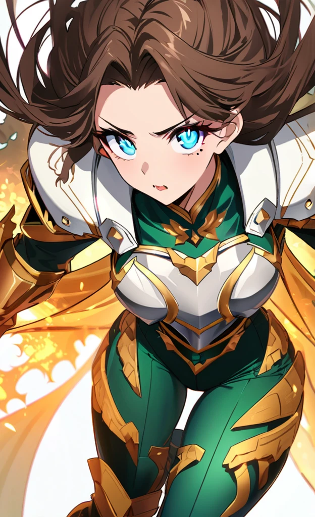 Artwork, mais Bullish qualidade, アニメ. Goblin Slayer art style, high resolution, 独奏, Chocolate brown hair, extremely detailed beautiful eyes,
an adult woman, Bullish, 30 years of striking beauty,skin fair, deep, bright amber eyes, her delicate features contrast with the fierce look that conveys determination. Her slim and athletic body. Rigid posture and calm gaze. Expression of indifference.
Your long hair, dark brown, with curly locks, a small mole below the eye and on the cheek of the face. Crystalline cyan blue eyes that shine with ferocity. Snake pupil and iris in eyes, Straight eyebrows intensify your expression, while her thick eyelashes intimidate. Wearing enchanted titanium armor, Emerald green, with silver details, the breastplate of the armor protects the torso entirely, the design of a three-headed Hydra is painted on the surface of the breastplate, shoulder pads and armbands have metallic snake details. Flexible metal segments protect thighs and legs, enabling agile movements. Shoulder and knee pads with snake-shaped details. Wearing black tight pants with metal plates on them. Knee-high boots on the feet.
A long white cape attached to the shoulder pads.
Carved serpent-like details adorn the armor's shoulder pads and knee pads..
She has a calm expression. The background is the burning battlefield, haos,
She is looking towards the viewer. longye hair, she has snake eyes with slit-shaped pupils,