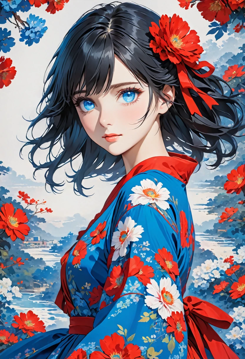 girl , black hair , blue eyes, dress red ,