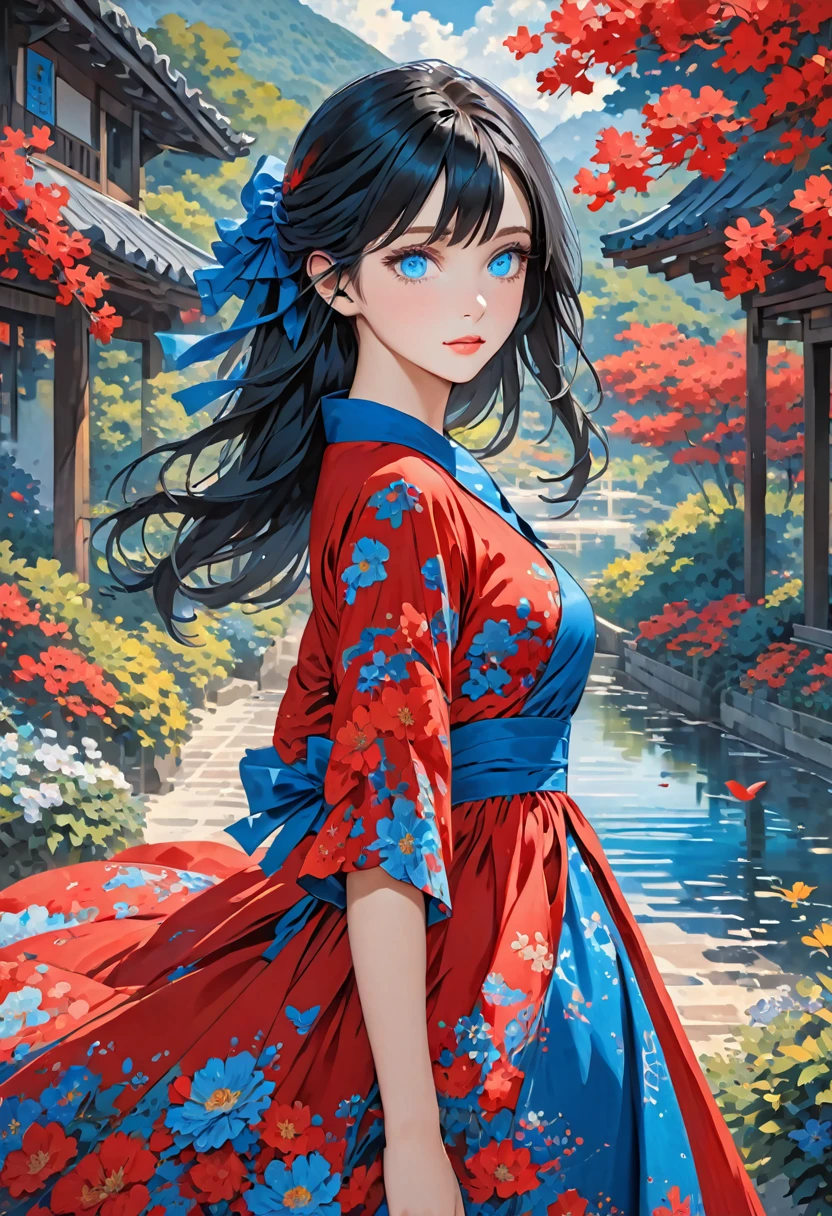 girl , black hair , blue eyes, dress red ,