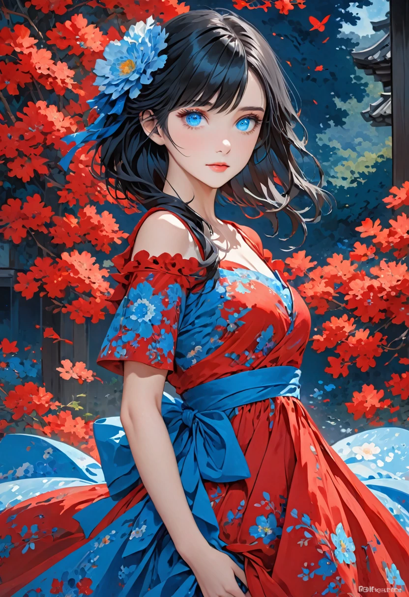 girl , black hair , blue eyes, dress red ,