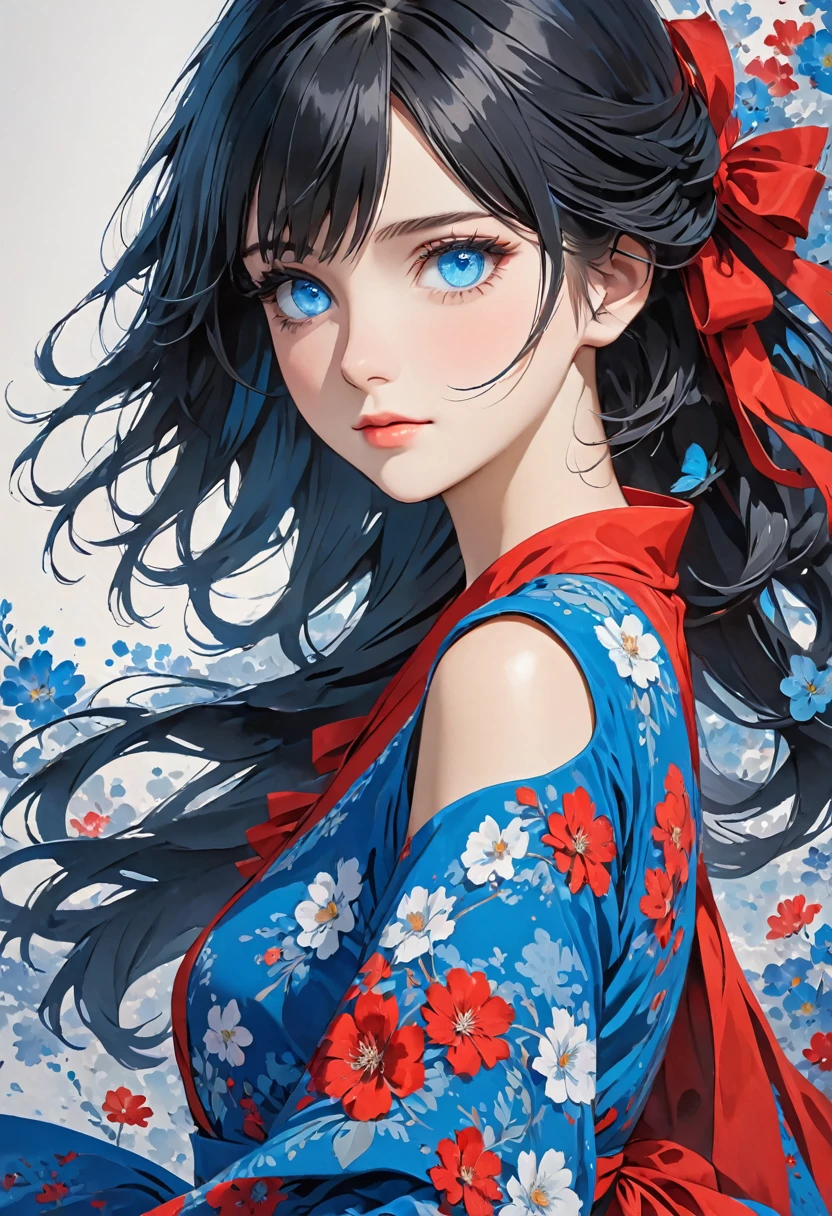 girl , black hair , blue eyes, dress red ,