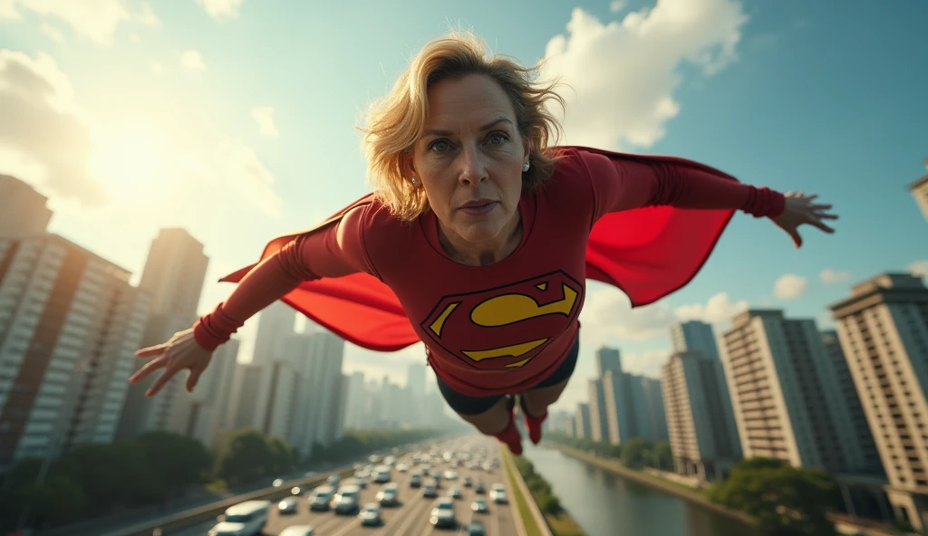 panoramic view; flying with determination; faster than a jet; strong old Meryl Streep((without glasses))) Superwoman 1984 costume (((50 years old; short hair))); determined, confident, imposing woman; airbender; floating above the Rio de Janeiro 1984 highway(((Região dos Lagos))); (heavy traffic; satellite view); superhero pose flying through the skies