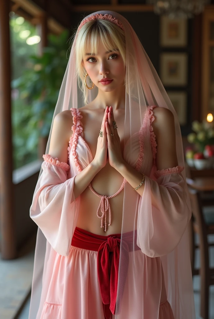 foto de corpo inteiro em grande formato de uma mulher um retrato realista de corpo inteiro Foto de um sonho com jeannie, Genie of the Lamp (((jeannie))) with classic blonde hairstyle, soft pink diaphanous chiffon face veil pulled below the chin, tiny diaphanous soft pink ruffled chiffon top under a tiny, very short open red velvet vest with fine white trim, soft pink chiffon harem pants with diaphanous ruffles at the hips, gathered elastic at ankles and thick red velvet waistband with fine trim and gathered soft pink chiffon inserts, comely, face detailed, perfects eyes, (highly detailed skin:1.1), extremely long blonde hair, disheveled and messy with an extremely long and messy ponytail, hands together,submissive genius pose, narrow shoulders, breasts small, aggressively arched back, bubble butt, full hips, sexy lower belly, soft and slightly rounded, proportional legs of medium length, compact construction, perfect narrow delicate feet wearing small pink flat-soled closed-toe shoes with pointed toes, Thick mascara, soft pink, full lips, hoop earings, slave bands, several rings on several fingers, , Layered Clothes, best qualityer, model shoot style, professional photograpy, photorrealistic, in a bungalow, background bokeh, CRU, analog style, sharp focus, 8k, ultra-high resolution, dslr, high qualiy, Fujifilm XT3, film grain, awardwinning, work of art (Blurry:-1) (Undetailed:-1) (bad quality:-1) (NSFW:-1) (painting-like:-1) (vintage:-1) (へそ:-1) (neckleace:-1.25), great smile