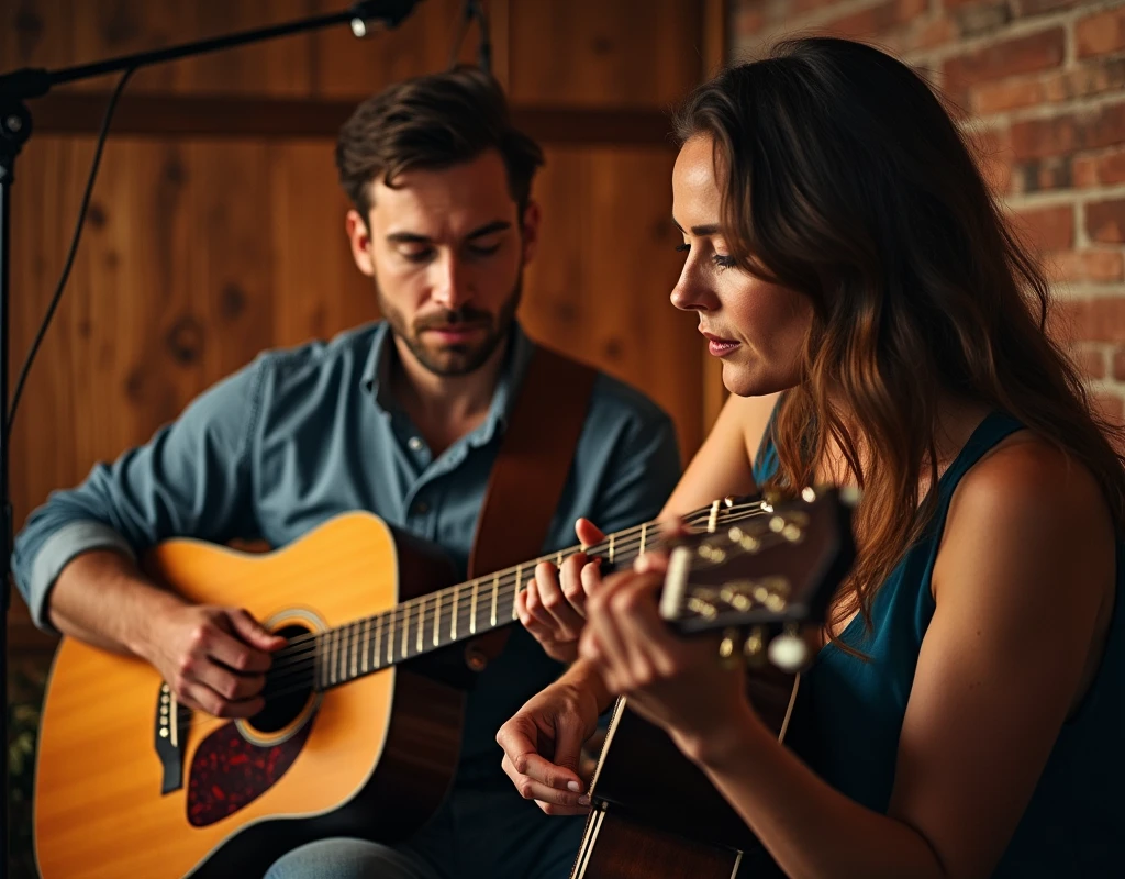 Make a man and a woman playing guitar