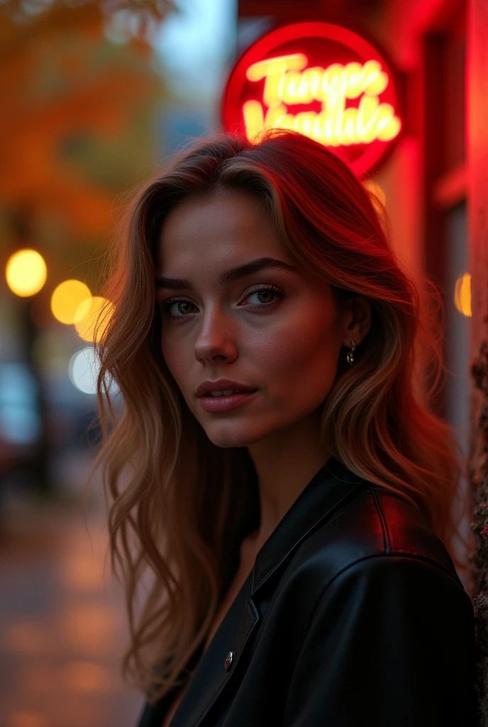 create an image for the best music to think about autumn, shows sensual face of happiness of a very sexy and intellectual woman under trees in autumn on a street with lights and a neon sign that says "Tangos Vandals".