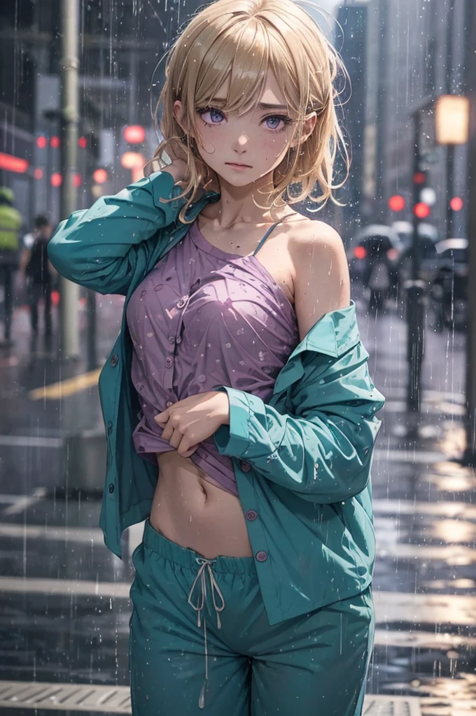 ((Teal coloured buttoned up pyjama shirt)), (naked bottoms, wearing nothing but her shirt), raining heavily, (patterned), outside, short caramel-blonde hair sticking to her face, sad but alluring purple eyes, teal coloured pyjama shirt, nighttime, almost naked, small breasts, in the streets, very dark night, soaking wet pyjama shirt, purple eyes, dark scene, flushed cheeks, braless, bottomless, nipples pressing through, 