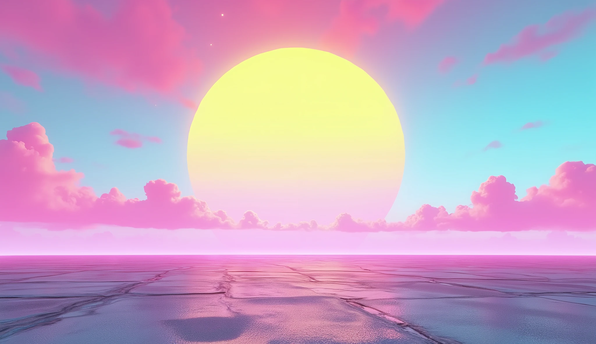 Vice City GTA, pink, blue and yellow clear sky with a yellow sun, retro sky, grey retro ground, clear sky, few clouds
