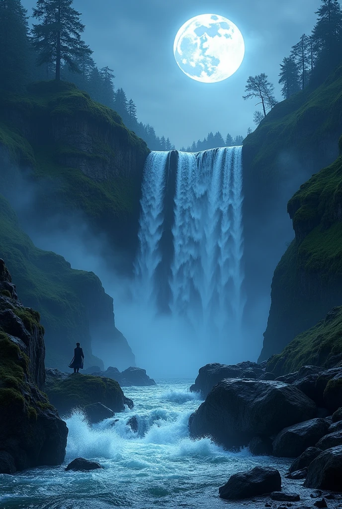 Waterfall image in full moonlight
