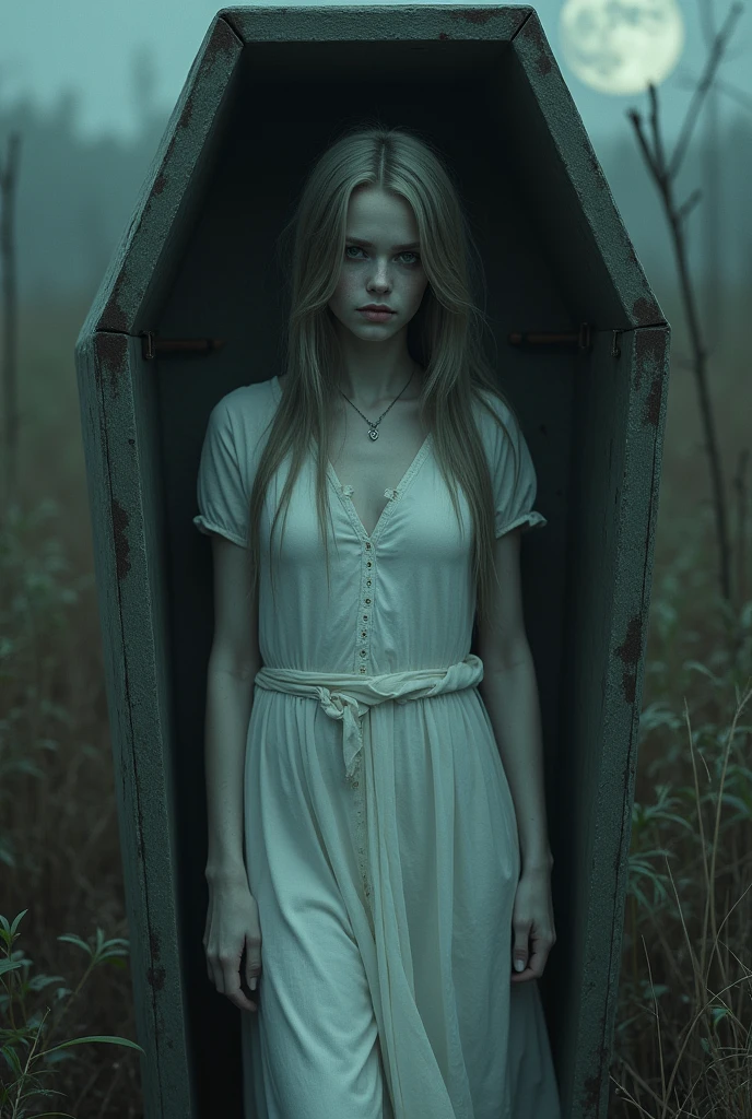clear, a young woman with a pale and ethereal appearance, emerges from his coffin, your eyes open and empty. She is dressed in a simple white dress, but now dirty and crumpled. Your skin has a ghostly hue, and their movements are slow and supernatural. The surrounding scenery is bleak, with the moonlight highlighting her face as she stands.
