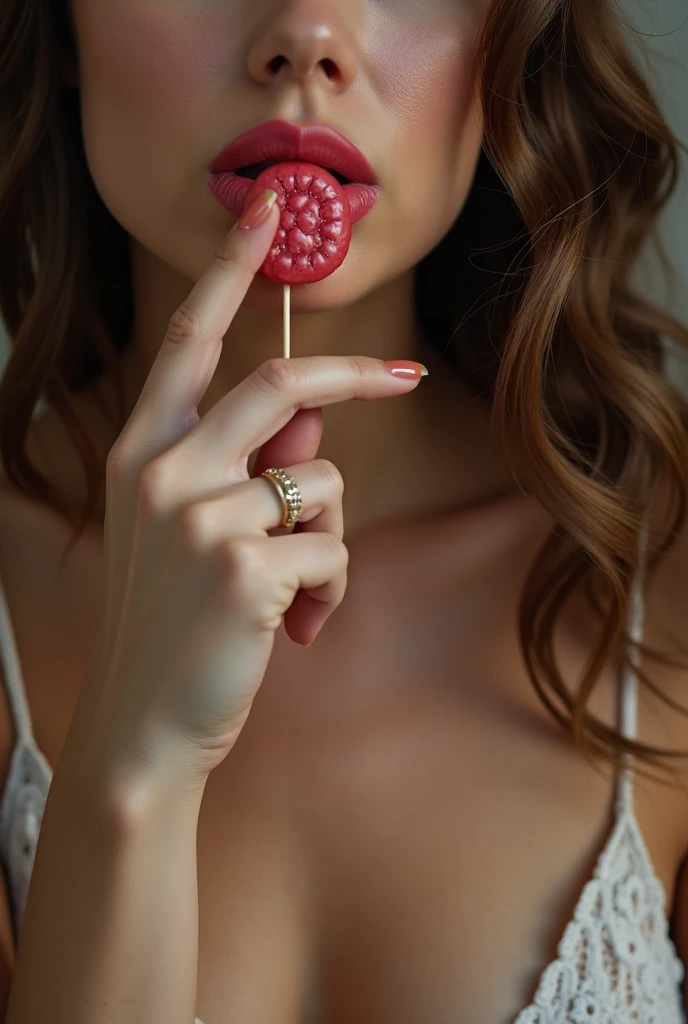 A naked woman sucking a lollipop