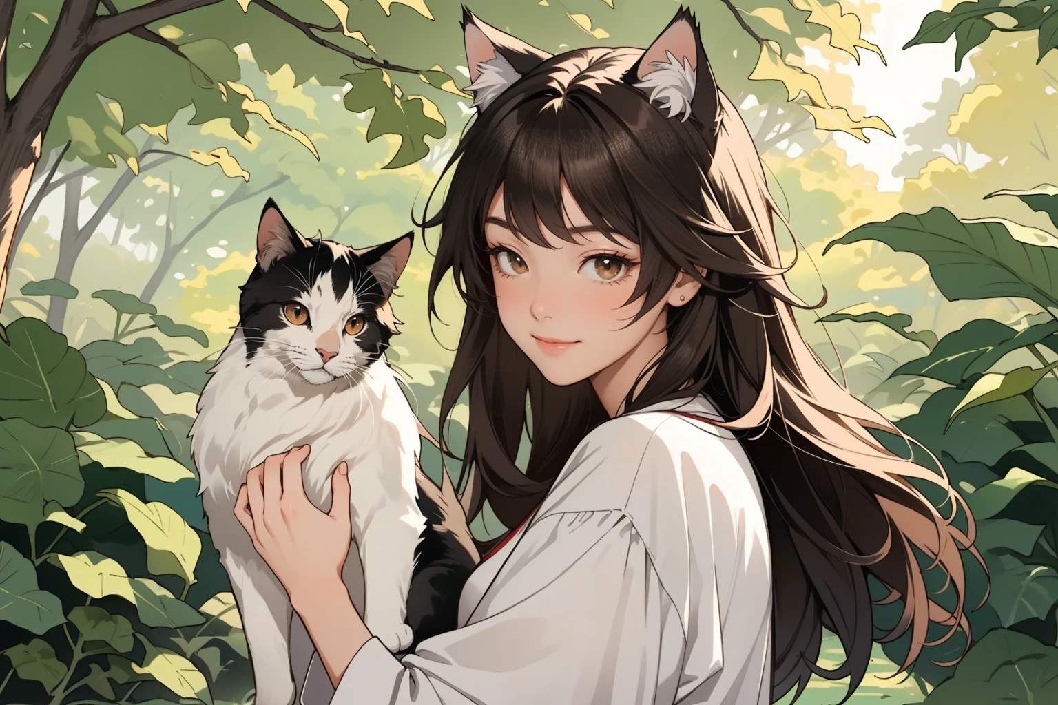 masterpiece,Best quality, 1 girl, One, slight smile, slight smile, autumn tree, sun in the foliage, Animal ears,Cat's ears,long hair, Tail, wolf Tail, Red eyes, Cat-girl,Brown hair,